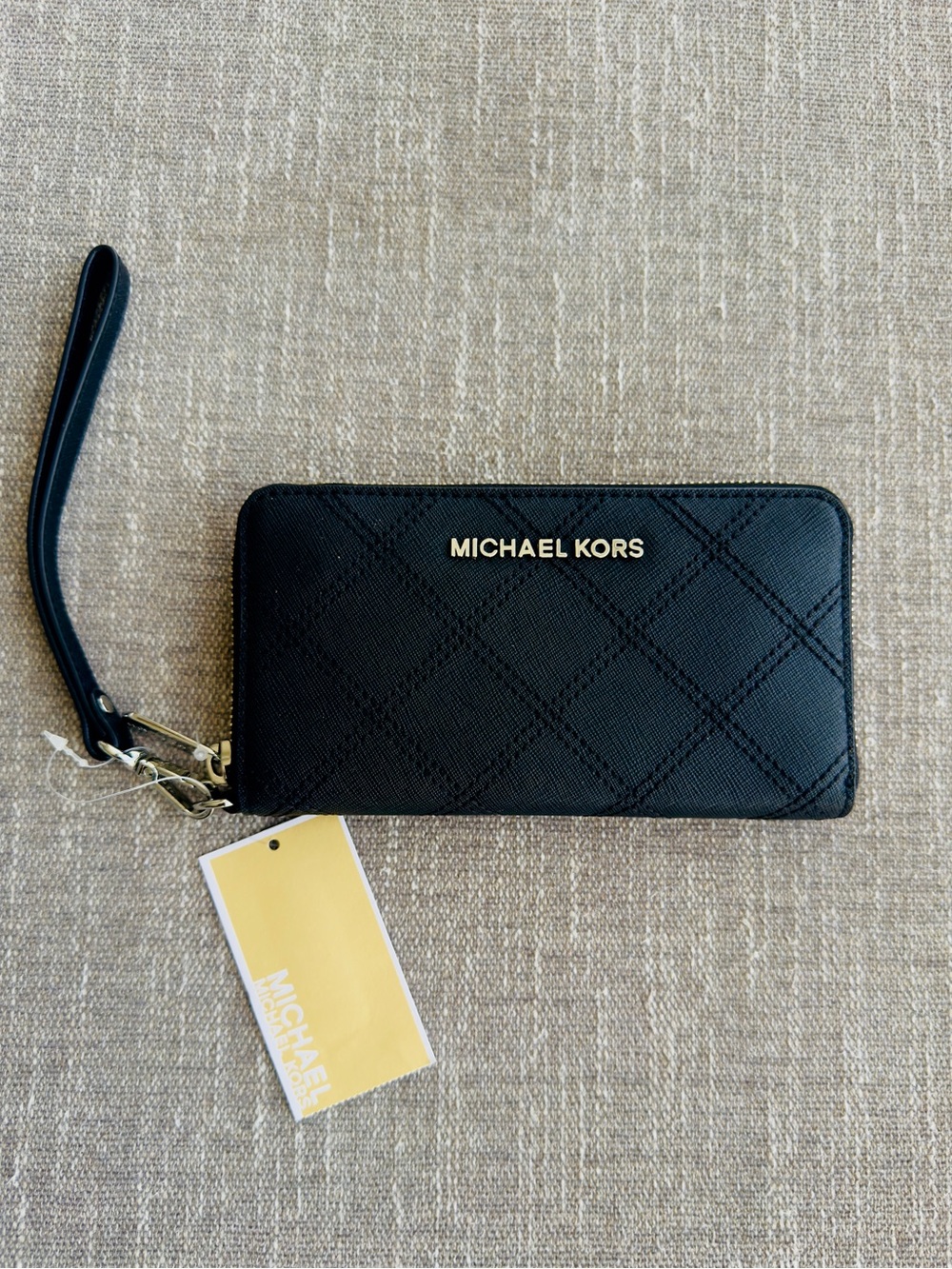 Michael Kors Black Quilted Zip-Around Wristlet Wallet with Gold Logo